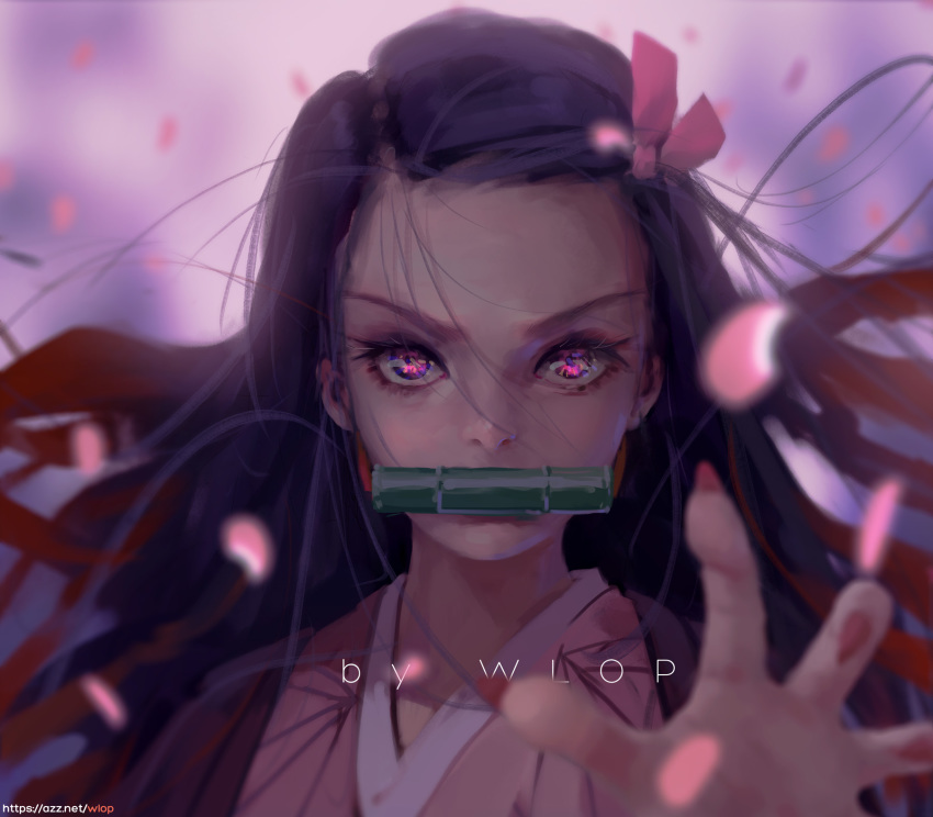 1girl artist_name bow commentary_request fingernails hair_bow highres japanese_clothes kamado_nezuko kimetsu_no_yaiba kimono long_hair looking_at_viewer multicolored multicolored_eyes outstretched_hand petals pink_eyes pink_kimono purple_hair sharp_fingernails simple_background solo violet_eyes wlop