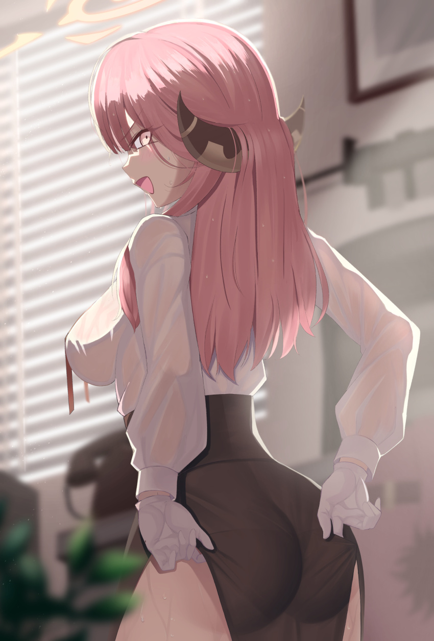 1girl adjusting_clothes adjusting_skirt aru_(blue_archive) ass black_skirt blinds blue_archive blurry blurry_background breasts brown_eyes depth_of_field gloves highres horns indoors large_breasts long_hair long_sleeves looking_at_viewer looking_back mishiro_(ixtlolton) open_mouth pink_hair red_ribbon ribbon shirt skirt solo standing white_gloves white_shirt
