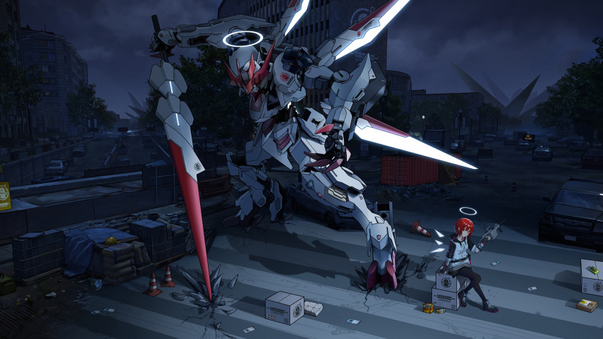 1girl arknights bangs black_gloves black_legwear building car city cityscape commentary_request exusiai_(arknights) fingerless_gloves gloves ground_vehicle gun gundam gundam_barbatos_lupus_rex gundam_tekketsu_no_orphans hair_between_eyes halo highres holding holding_gun holding_sword holding_weapon jacket kriss_vector looking_at_viewer mecha motor_vehicle pantyhose penguin_logistics_logo red_eyes redhead short_hair smile submachine_gun sword weapon white_jacket wings yuuki_mix