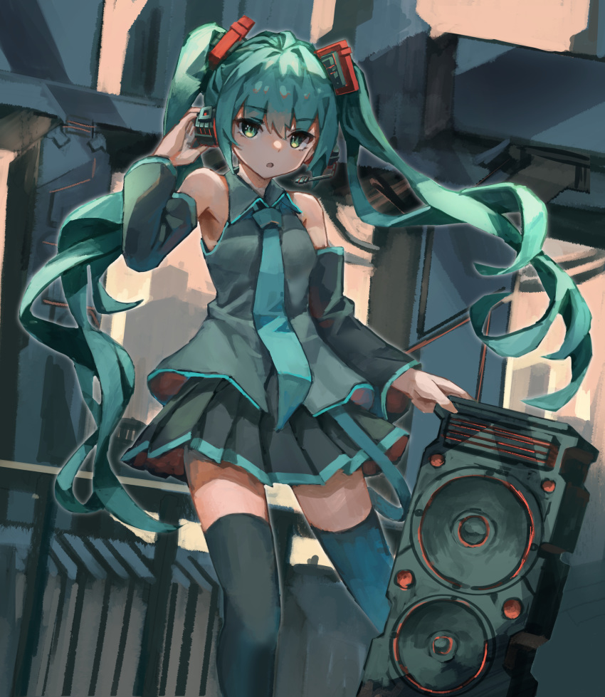 1girl absurdres aqua_hair aqua_neckwear black_legwear black_skirt building city commentary_request detached_sleeves feet_out_of_frame green_eyes grey_shirt hair_ornament hand_up hatsune_miku headset highres long_hair long_sleeves miniskirt necktie outdoors pleated_skirt shirt skirt solo speaker thigh-highs twintails very_long_hair vocaloid yanyan_(shinken_gomi)