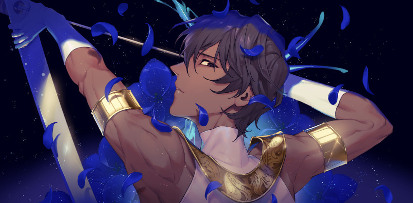 1boy arjuna_(fate/grand_order) armor arrow_(projectile) bangs bare_shoulders black_eyes blue_petals bow_(weapon) close-up dark_skin dark_skinned_male drawing_bow elbow_gloves fate/grand_order fate_(series) from_side gloves hair_between_eyes holding holding_weapon jewelry looking_at_viewer male_focus semi_finalfight shiny shiny_hair sky sleeveless solo sparkle star_(sky) starry_background starry_sky upper_body weapon