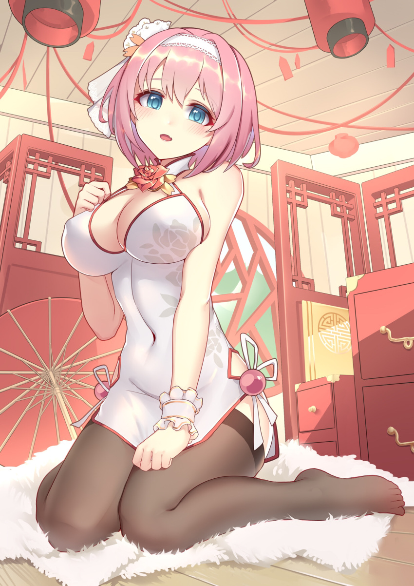 1girl black_legwear blue_eyes breasts china_dress chinese_clothes cleavage_cutout dress hair_between_eyes hairband highres large_breasts looking_at_viewer pelvic_curtain pink_hair princess_connect! princess_connect!_re:dive side_slit solo thigh-highs yui_(princess_connect!)