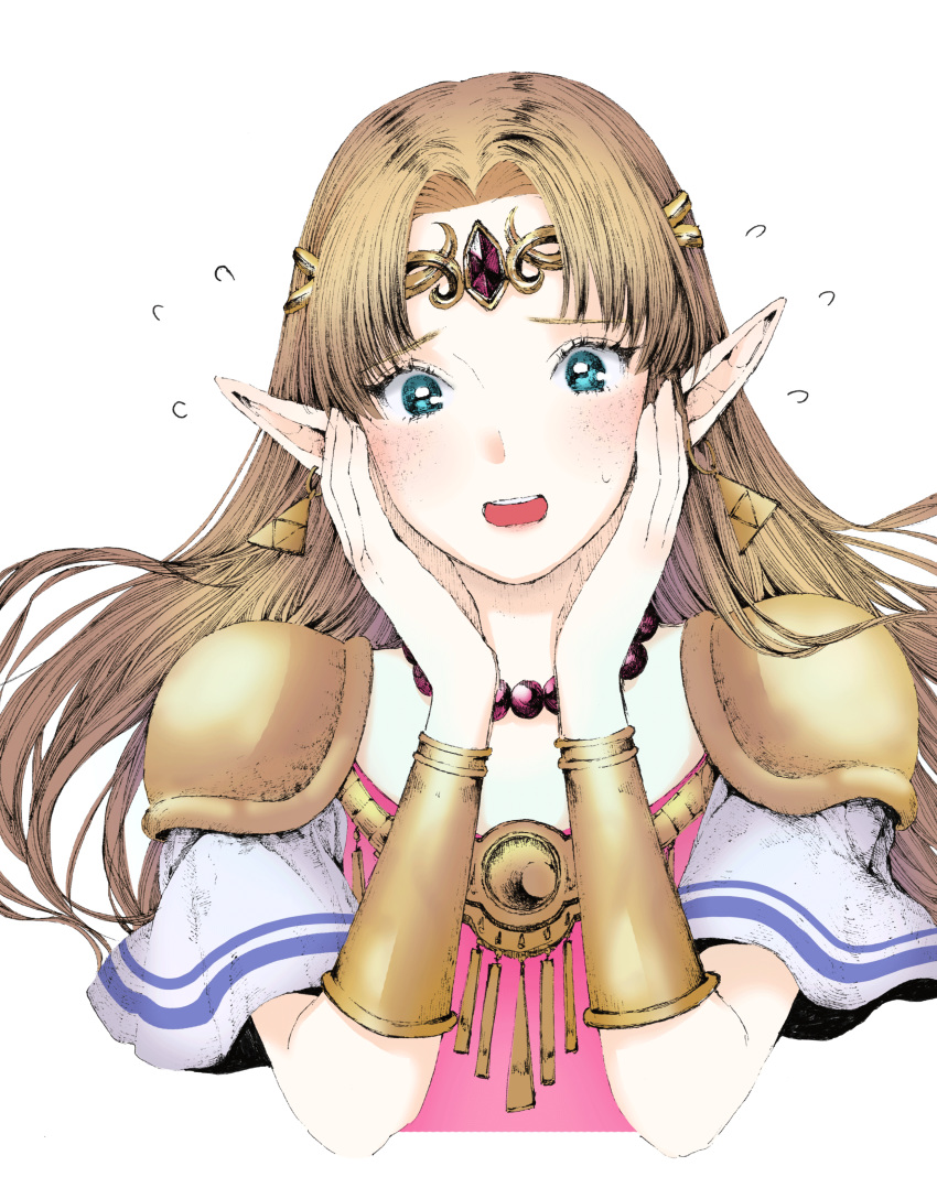 1girl absurdres bangs blonde_hair blue_eyes circlet cropped_torso dress floating_hair freckles highres jewelry long_hair looking_at_viewer necklace pink_dress princess_zelda roroichi simple_background solo the_legend_of_zelda upper_body very_long_hair white_background