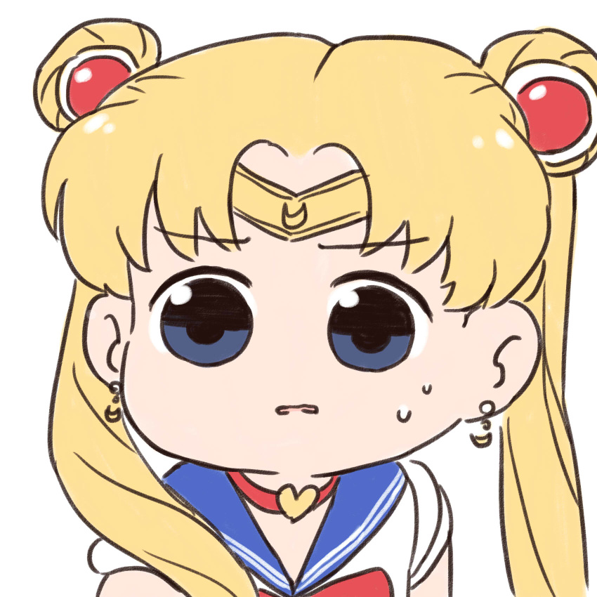 1girl batta_(ijigen_debris) bishoujo_senshi_sailor_moon blonde_hair blue_eyes choker crescent crescent_earrings diadem earrings eyebrows_visible_through_hair heart heart_choker highres jewelry red_choker sailor_moon sailor_moon_redraw_challenge sailor_senshi_uniform solo sweatdrop tsukino_usagi twintails white_background