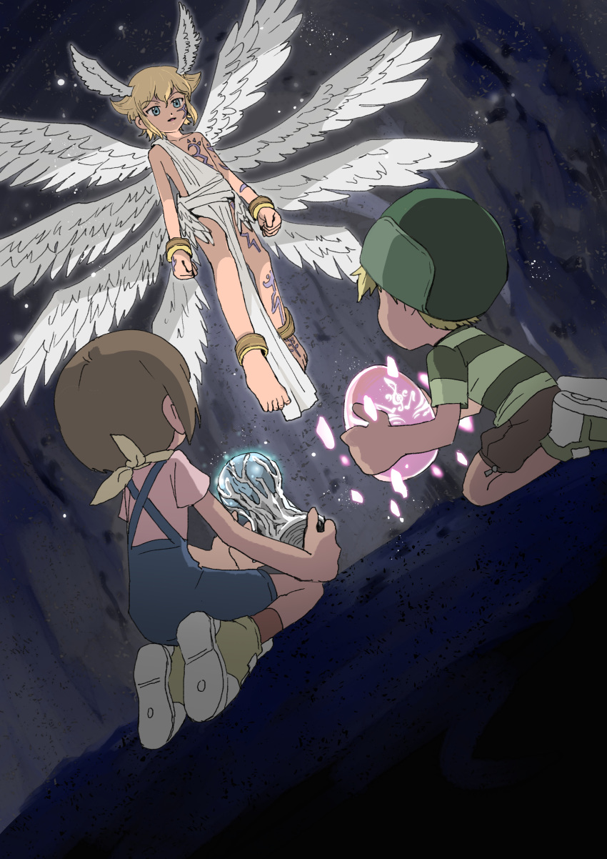 1girl 2boys absurdres angel angel_wings anklet bangs barefoot blonde_hair body_markings bracelet brown_hair brown_legwear brown_shorts cave clenched_hands commentary_request digimon digimon_adventure dutch_angle egg eyebrows_visible_through_hair facial_mark feathered_wings floating from_behind full_body glowing green_eyes green_footwear green_headwear green_shirt hair_between_eyes hat head_wings highres holding_egg horizontal_stripes jewelry kneeling looking_at_another lucemon multiple_boys multiple_wings open_mouth overall_shorts pink_shirt scarf shirt shoes short_hair short_sleeves shorts sidelocks sneakers socks striped striped_shirt takaishi_takeru tantanmen toga wings yagami_hikari yellow_footwear yellow_scarf