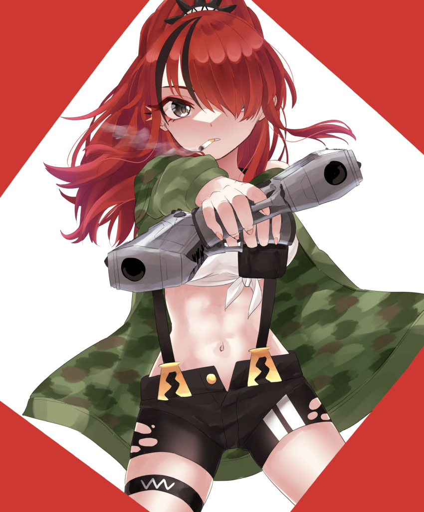 1girl bandeau bangs black_hair black_shorts breasts cigarette commentary_request cowboy_shot dual_wielding green_jacket grey_eyes gun hair_over_one_eye handgun highres holding holding_gun holding_weapon jacket lain_paterson large_breasts long_hair long_sleeves looking_at_viewer midriff mouth_hold multicolored_hair navel nejiha nijisanji open_clothes open_fly open_jacket parted_lips pistol ponytail pouch redhead short_shorts shorts smoke smoking solo standing stomach strapless streaked_hair suspenders thigh_strap thighs tube_top weapon