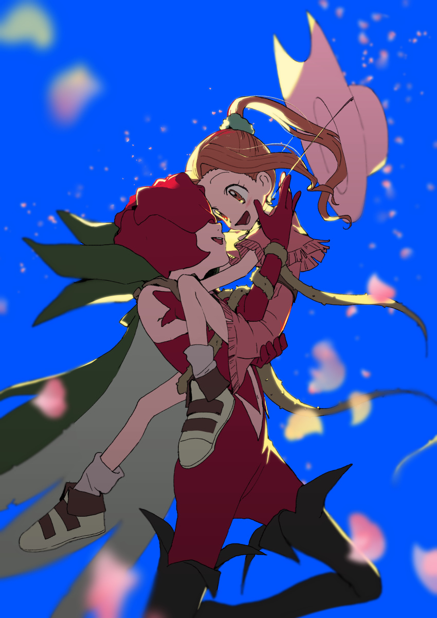 2girls :d absurdres bangs bare_shoulders black_footwear blue_background blurry_foreground blush boots breasts brown_eyes brown_gloves brown_hair cape carrying center_opening commentary_request covered_eyes cowboy_shot digimon digimon_adventure dress elbow_gloves flower full_body gloves green_cape green_scrunchie hair_ornament hair_scrunchie hat highres long_hair looking_at_another mask multiple_girls navel navel_cutout open_mouth parted_bangs petals pink_capelet pink_dress pink_headwear ponytail red_gloves red_suit rosemon scrunchie shoes simple_background smile socks tachikawa_mimi tantanmen thigh-highs thigh_boots thorns