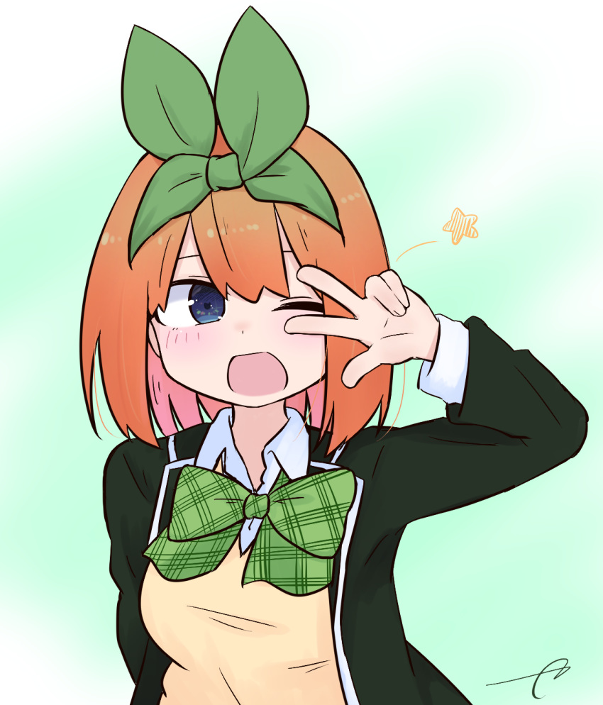 1girl ;d bangs black_jacket blazer blue_eyes blush bow breasts collared_shirt dress_shirt eyebrows_behind_hair go-toubun_no_hanayome green_bow green_ribbon hair_between_eyes hair_ribbon hand_up highres jacket kujou_karasuma medium_breasts nakano_yotsuba one_eye_closed open_blazer open_clothes open_jacket open_mouth orange_hair ribbon school_uniform shirt signature smile solo star_(symbol) sweater_vest upper_body v_over_eye white_shirt