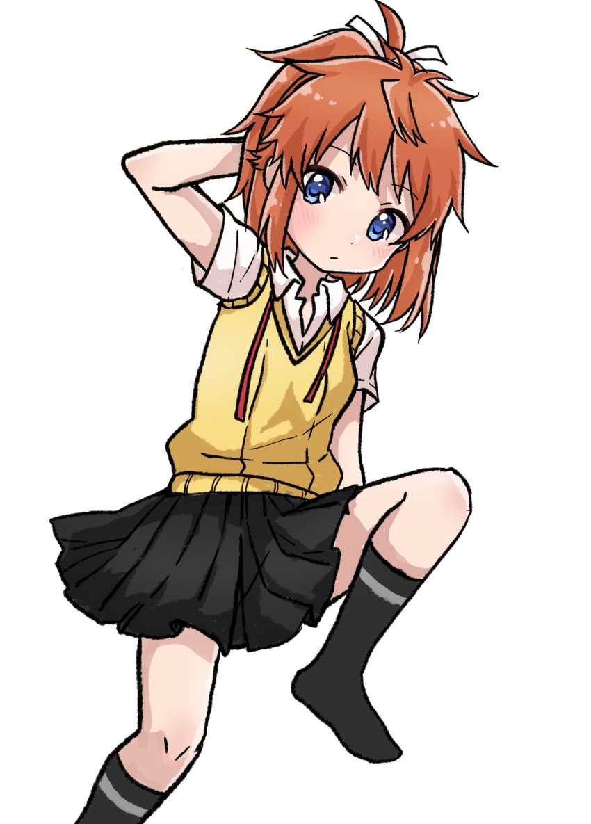 1girl arm_up asahigaoka_school_uniform black_legwear black_skirt blue_eyes blush brown_hair closed_mouth collared_shirt commentary_request dress_shirt dutch_angle hair_ribbon hand_behind_head highres knee_up koshigaya_natsumi looking_at_viewer no_shoes non_non_biyori pleated_skirt ponytail red_ribbon ribbon school_uniform shika_(s1ka) shirt short_sleeves simple_background skirt socks solo sweater_vest white_background white_ribbon white_shirt