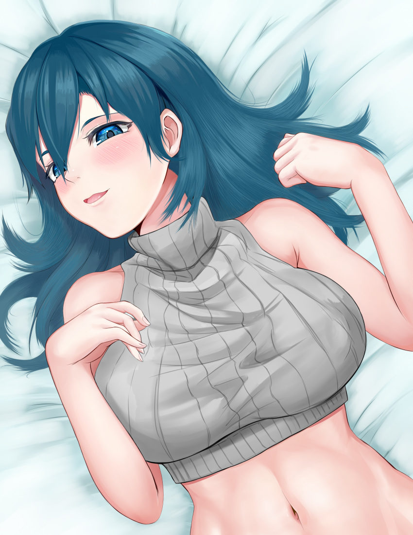 1girl :d absurdres armpit_crease bangs bare_shoulders bed_sheet blue_eyes blue_hair blush breasts byleth_(fire_emblem) byleth_eisner_(female) commentary_request covered_nipples crop_top dutch_angle eyebrows_behind_hair fire_emblem fire_emblem:_three_houses grey_shirt hair_between_eyes highres large_breasts looking_at_viewer medium_hair midriff navel on_bed open_mouth revision ribbed_shirt shiraga_moyashi shirt sidelocks sleeveless sleeveless_turtleneck smile solo taut_clothes taut_shirt turtleneck upper_body