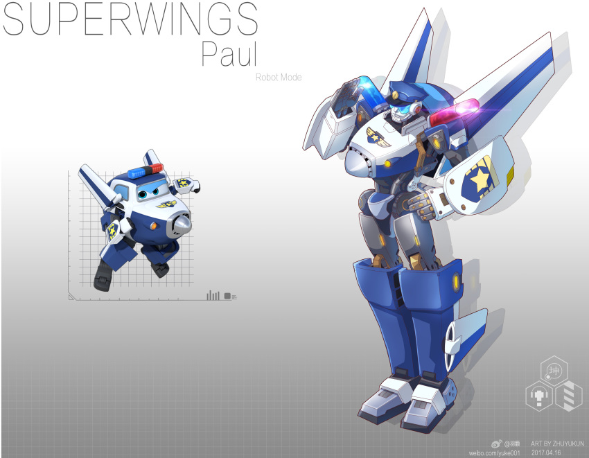 2017 aircraft airplane dated hand_on_hip highres mecha no_humans open_mouth paul_(super_wings) police redesign reference_photo_inset robot salute solo super_wings visor zhuyukun2003