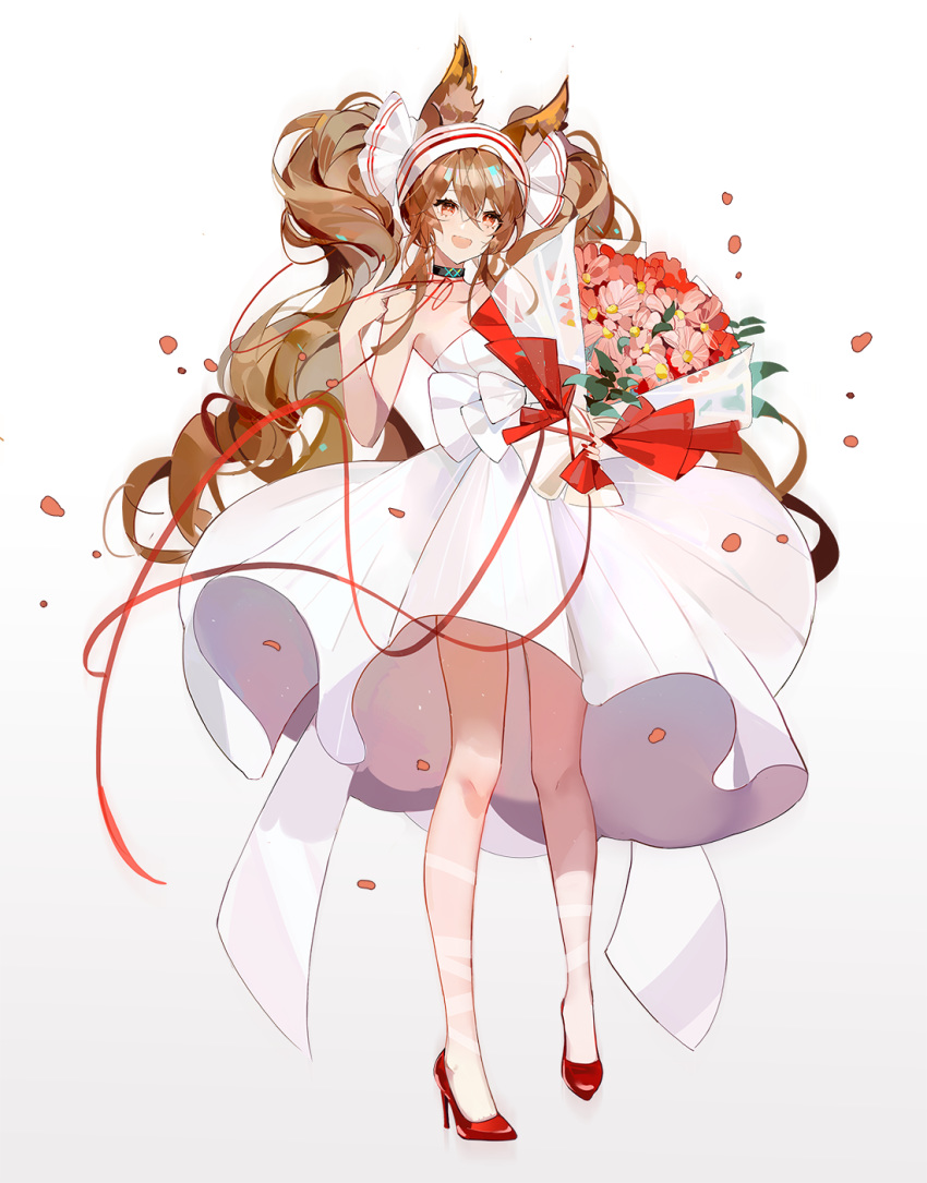 1girl :d angelina_(arknights) animal_ears arknights bangs bare_shoulders bouquet brown_hair choker dress flower fox_ears full_body hair_between_eyes hairband hand_up high_heels highres holding holding_bouquet legs long_hair nail_polish open_mouth red_footwear red_nails red_string simple_background smile solo standing string taiz22 twintails wedding_dress white_background white_dress