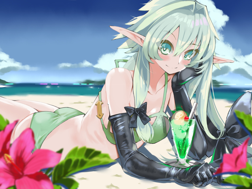 1girl ass bare_shoulders beach bikini blaze_(artist) blush breasts cup drinking_glass elbow_gloves elf flower gloves goblin_slayer! green_bikini green_eyes green_hair high_elf_archer_(goblin_slayer!) highres long_hair looking_at_viewer lying ocean on_stomach outdoors pointy_ears shiny shiny_hair shiny_skin small_breasts smile solo swimsuit water