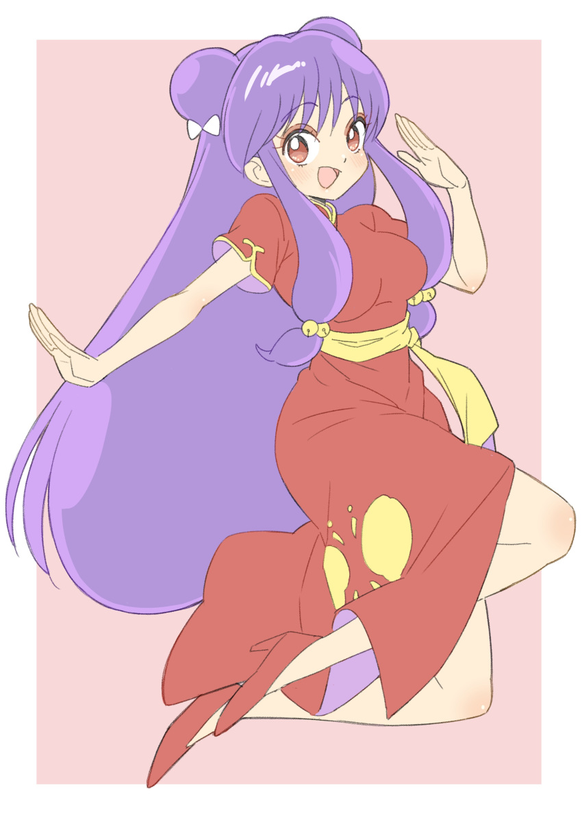 1girl :d absurdres blush border bow china_dress chinese_clothes donguri_suzume double_bun dress eyeliner full_body hair_bow hand_up high_heels highres jumping long_dress long_hair looking_at_viewer makeup open_mouth pink_background purple_hair ranma_1/2 red_dress red_eyes red_footwear shampoo_(ranma_1/2) simple_background smile solo very_long_hair white_border white_bow
