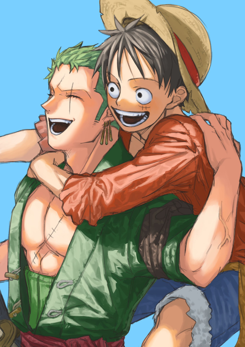 4myaku1 abs bangs black_eyes black_hair blue_background chest chest_scar closed_eyes earrings facial_scar from_side fur_trim green_hair hat highres hug hug_from_behind japanese_clothes jewelry katana kimono long_sleeves male_focus monkey_d_luffy multiple_boys muscle mutual_hug one_piece open_clothes open_kimono open_mouth roronoa_zoro scar scar_across_eye shorts smile straw_hat sword toned toned_male upper_body veins weapon