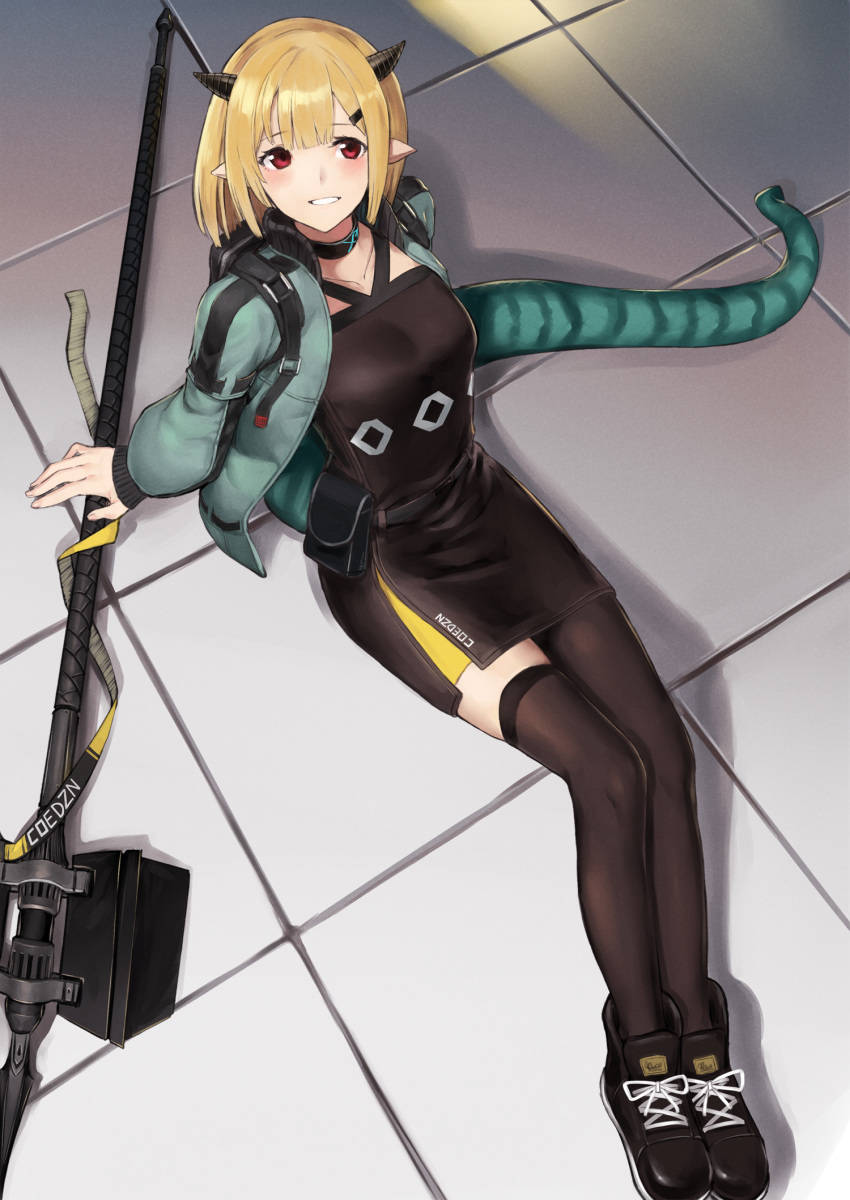 1girl arknights asymmetrical_legwear black_footwear black_legwear blonde_hair from_above full_body green_jacket highres holding holding_spear holding_weapon horns jacket long_sleeves looking_at_viewer open_clothes open_jacket poco_(backboa) pointy_ears polearm red_eyes shoes short_hair smile solo spear tail vanilla_(arknights) weapon