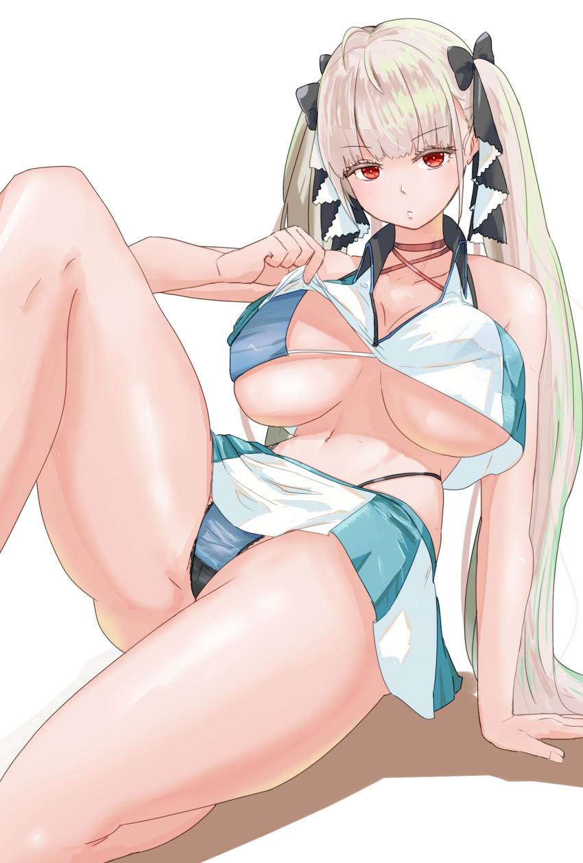 1girl alternate_costume azur_lane bare_legs blonde_hair blue_panties breasts bremerton_(scorching-hot_training)_(azur_lane) cosplay formidable_(azur_lane) hair_ornament hair_ribbon hand_on_breast hand_on_lap highres large_breasts long_hair looking_at_viewer navel panties pantyshot red_eyes ribbon serious shirt sitting skirt solo sportswear tennis_uniform thighs thiosuke underwear very_long_hair white_background