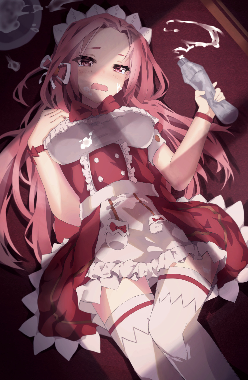 1girl absurdres apron blush cleo_(king's_raid) forehead frilled_apron frilled_skirt frills from_above highres huge_filesize king's_raid long_hair looking_at_viewer maid maid_apron maid_headdress open_mouth pink_hair red_eyes skirt solo thigh-highs whipped_cream