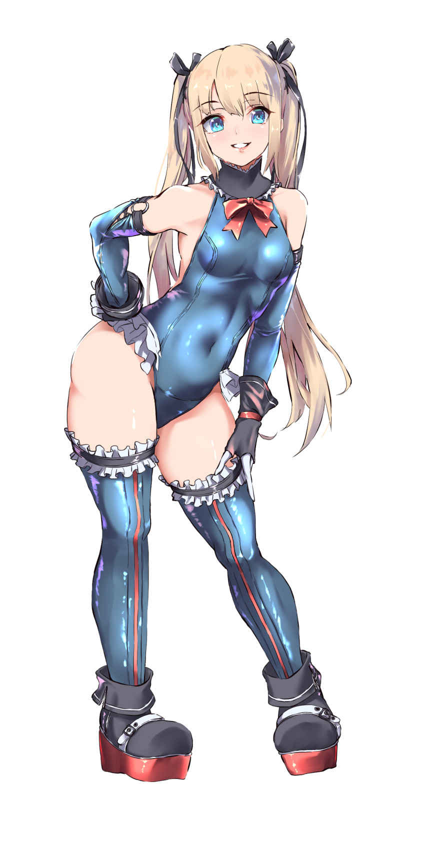 1girl absurdres ankle_boots bangs bare_shoulders black_footwear blonde_hair blue_eyes blue_legwear blue_leotard boots breasts covered_navel dead_or_alive detached_sleeves eyebrows_visible_through_hair frilled_legwear frills full_body gloves hair_ribbon hand_on_hip hand_on_own_leg highres legs_apart leotard long_hair long_sleeves looking_at_viewer marie_rose red_ribbon ribbon simple_background small_breasts smile solo standing thigh-highs thighs very_long_hair white_background yorughi