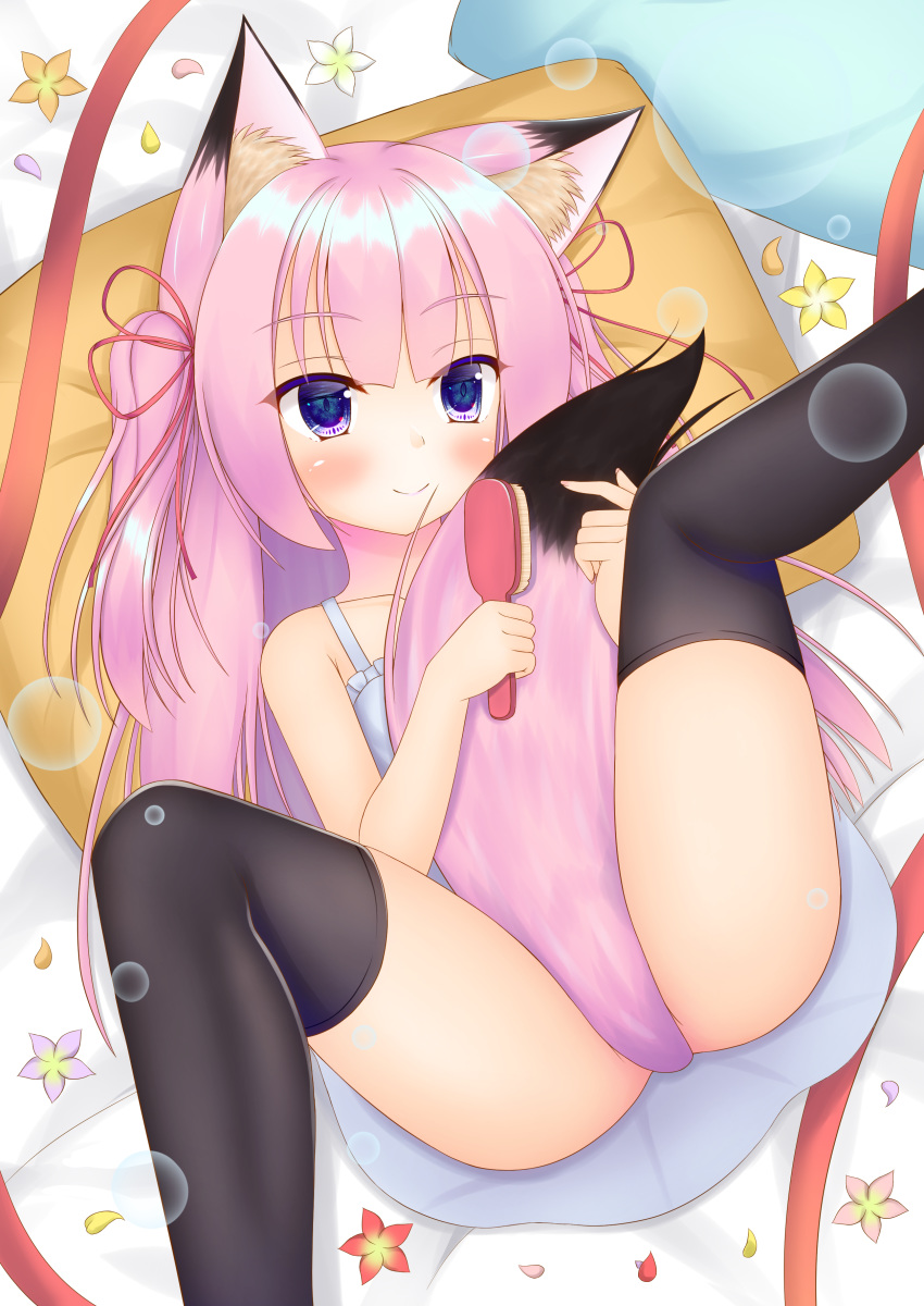 1girl absurdres animal_ear_fluff animal_ears ass bed between_legs black_legwear blush camisole fox_ears fox_tail hair_brush highres legs legs_up long_hair lying on_back original pillow pink_eyes pink_hair ribbon smile solo spread_legs tail tail_between_legs tail_brushing thigh-highs thighs two_side_up white_camisole yomi_yoduki