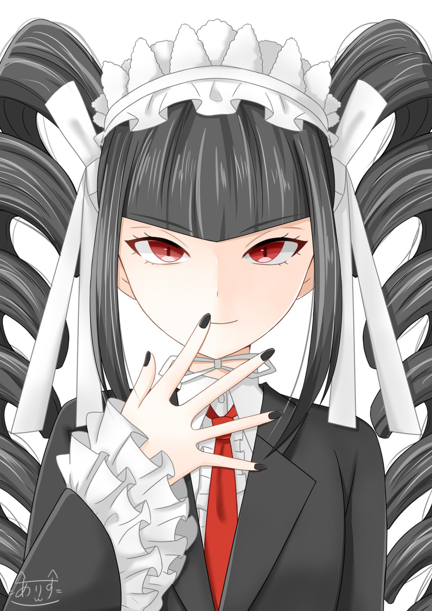 1girl black_hair black_jacket black_nails bow celestia_ludenberck commentary dangan_ronpa dangan_ronpa_1 drill_hair frilled_sleeves frills gothic_lolita hair_bow hand_to_own_mouth highres jacket lolita_fashion long_hair necktie outstretched_hand portrait red_eyes signature simple_background smug solo sonodaarisu0731 very_long_hair white_background