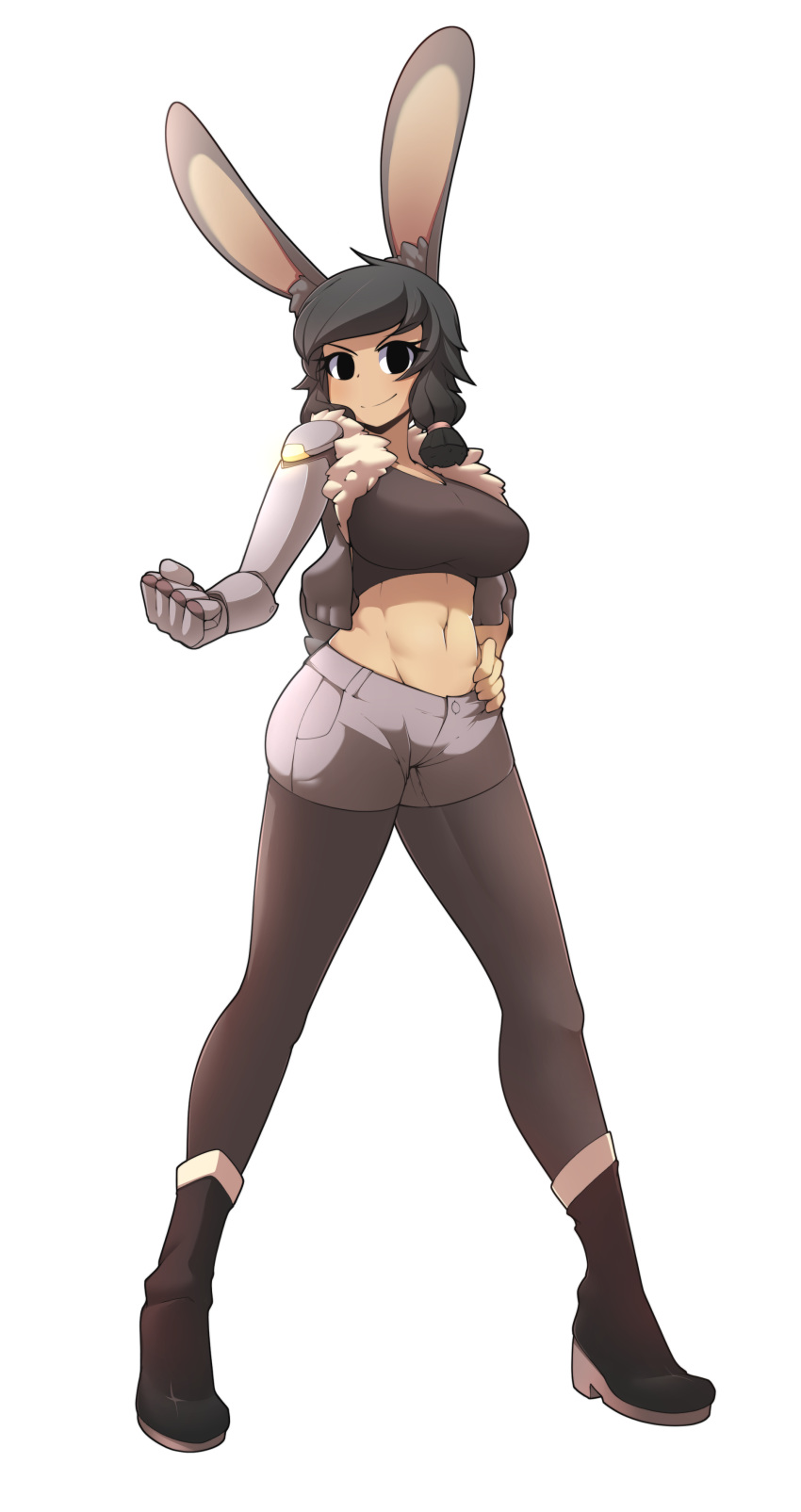 1girl abs absurdres animal_ears bangs black_eyes black_footwear black_hair black_legwear blush boots breasts bunny_girl closed_mouth dark_skin emi_(fizintine) fizintine full_body hand_on_hip highres jacket large_breasts looking_at_viewer mechanical_arm navel original pantyhose rabbit_ears short_hair short_shorts shorts smile solo swept_bangs tan toned white_background