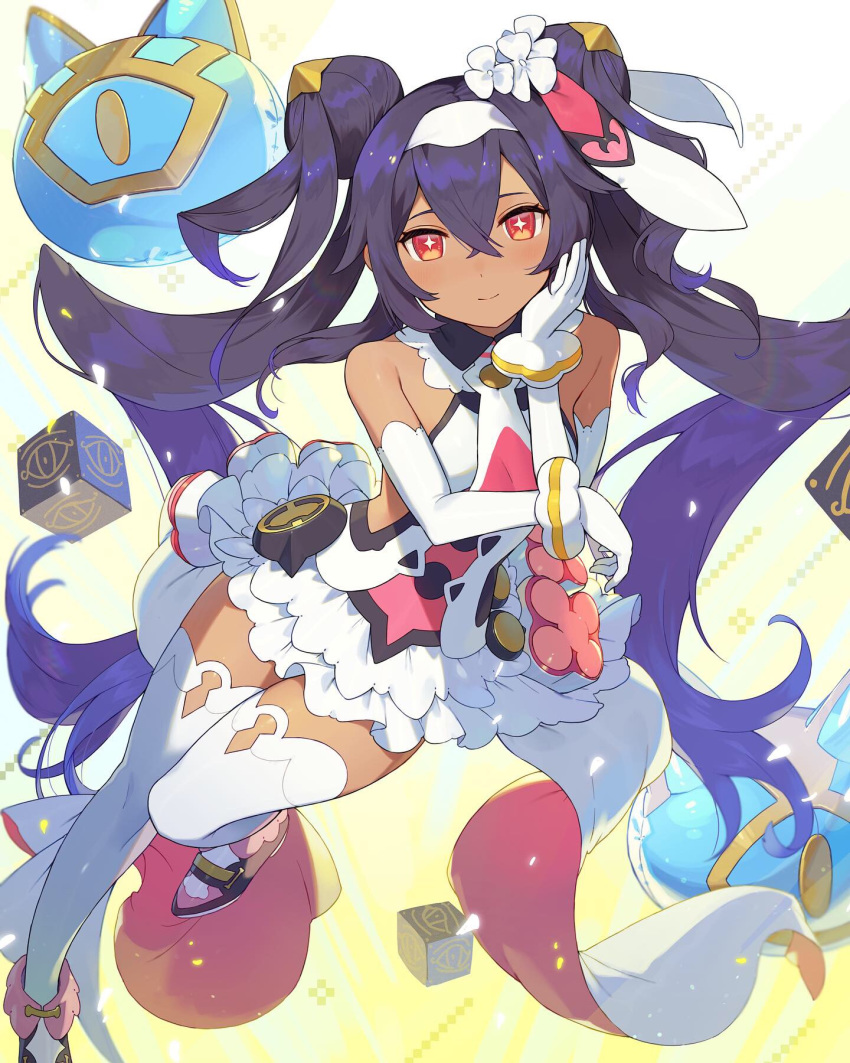 +_+ 1girl bare_shoulders bright_pupils collared_dress commentary_request cube cygames dark_skin detached_sleeves double_bun elbow_gloves eye_print flower frilled_skirt frills full_body gloves glowing_petals hair_between_eyes hand_on_own_cheek hand_on_own_face headband highres light_smile long_hair looking_at_viewer neftim petals purple_hair red_eyes shibainu simple_background skirt solo tan thigh-highs twintails very_long_hair white_legwear world_flipper