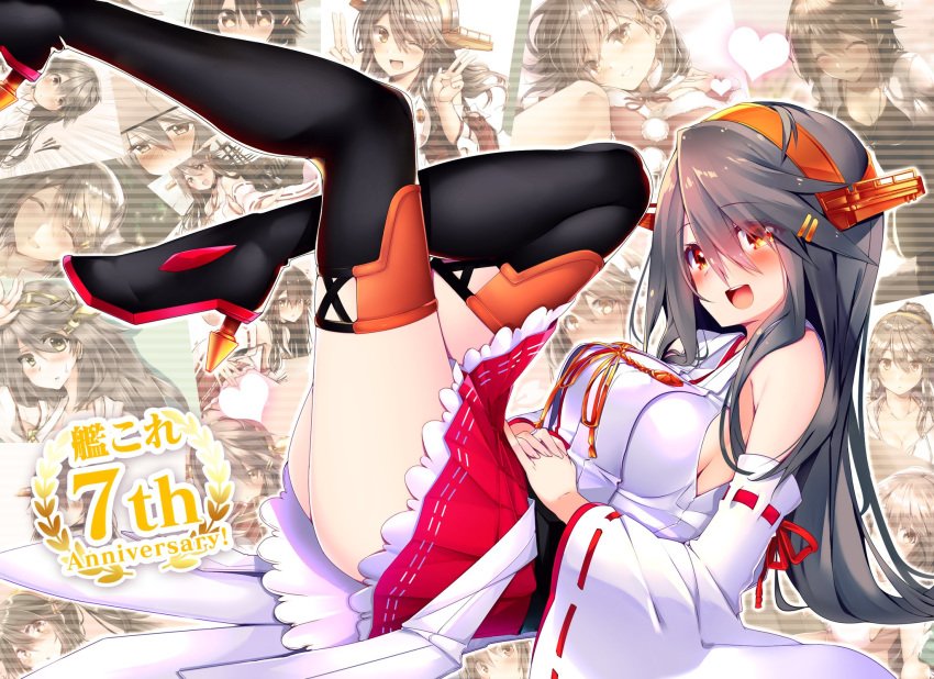 1girl :d anniversary bare_shoulders black_footwear blush boots breasts brown_eyes eyebrows_visible_through_hair from_side grey_hair hair_between_eyes hair_ornament hairclip haruna_(kantai_collection) headgear high_heel_boots high_heels highres kantai_collection large_breasts legs_up long_hair looking_at_viewer lying nontraditional_miko on_back open_mouth pleated_skirt red_skirt remodel_(kantai_collection) ribbon-trimmed_sleeves ribbon_trim skirt smile solo thigh-highs thigh_boots tsukui_kachou