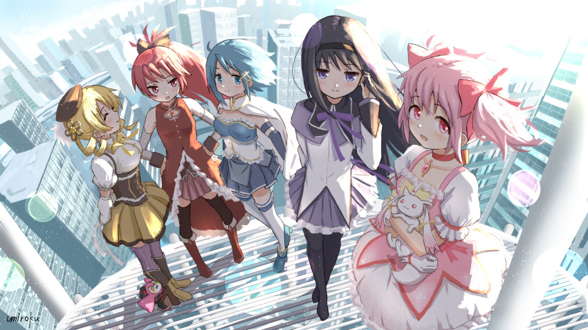 5girls ^_^ akemi_homura black_hair black_hairband black_legwear blonde_hair blue_hair blue_skirt bow brown_headwear bubble_skirt building cape choker city closed_eyes commentary_request hair_bow hairband hands_on_hips hat highres kaname_madoka kyubey long_hair looking_at_viewer magical_girl mahou_shoujo_madoka_magica miki_sayaka multiple_girls pantyhose pink_eyes pink_hair ponytail red_choker red_eyes redhead sakura_kyouko short_hair skirt standing thigh-highs tomoe_mami twintails umiroku violet_eyes white_cape white_legwear yellow_skirt