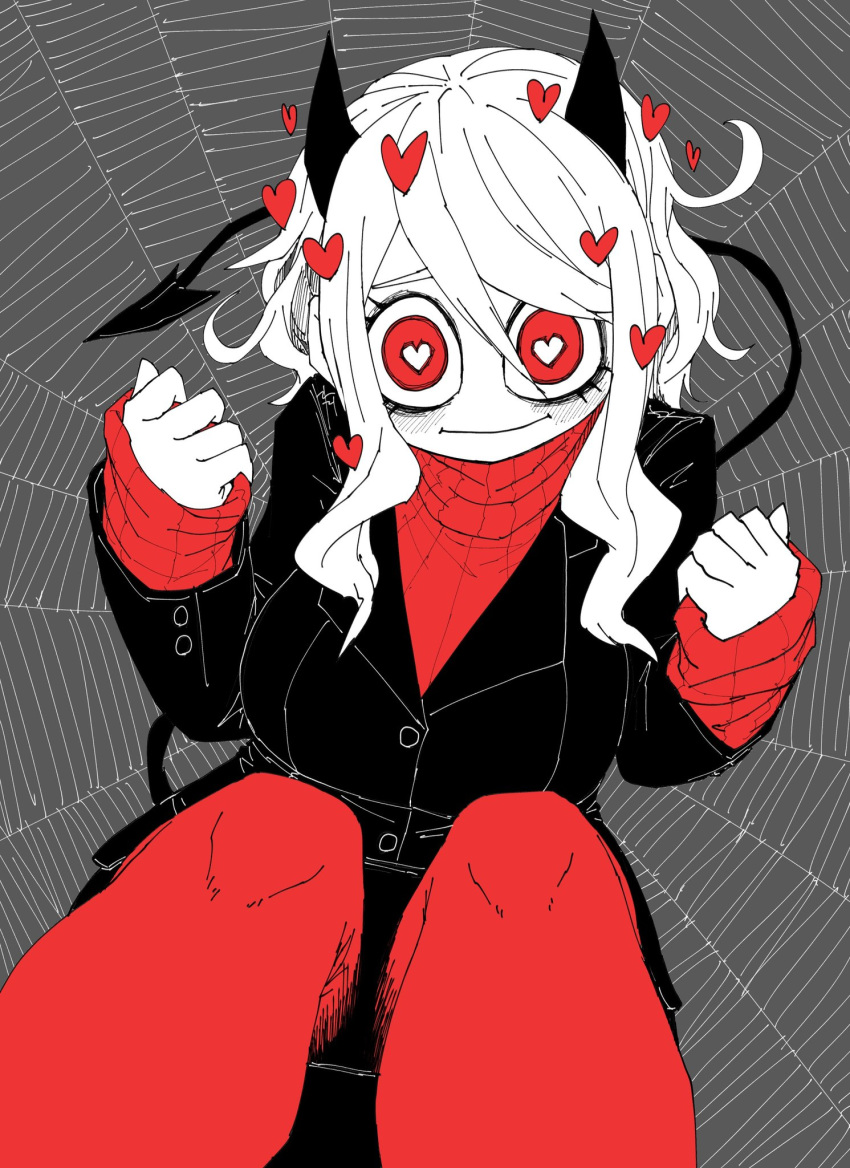 1girl black_horns black_tail breasts demon_girl demon_horns demon_tail heart heart_eyes helltaker highres horns juugoya_(zyugoya) large_breasts limited_palette modeus_(helltaker) red_eyes red_sweater short_hair sidelocks silk smile spider_web sweater tail turtleneck turtleneck_sweater white_hair