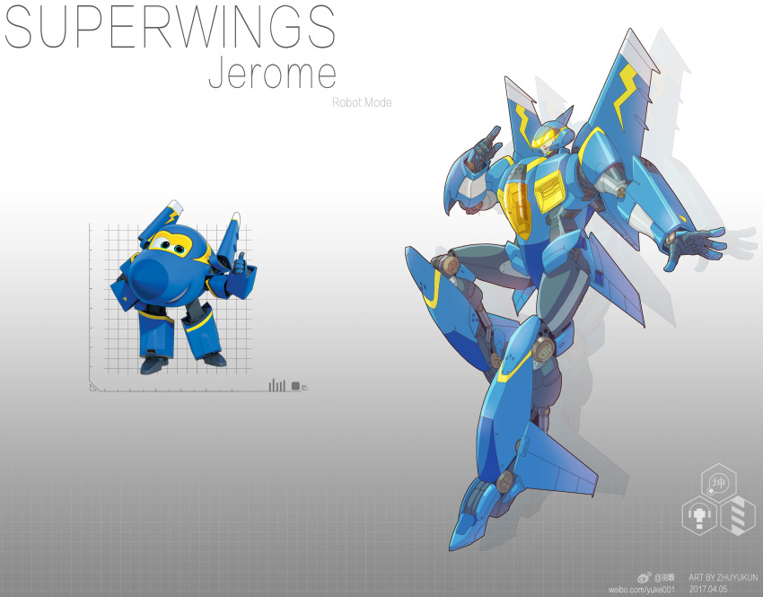 2017 aircraft airplane highres jerome_(super_wings) mecha no_humans open_hand open_mouth pointing redesign reference_photo_inset robot solo super_wings visor zhuyukun2003