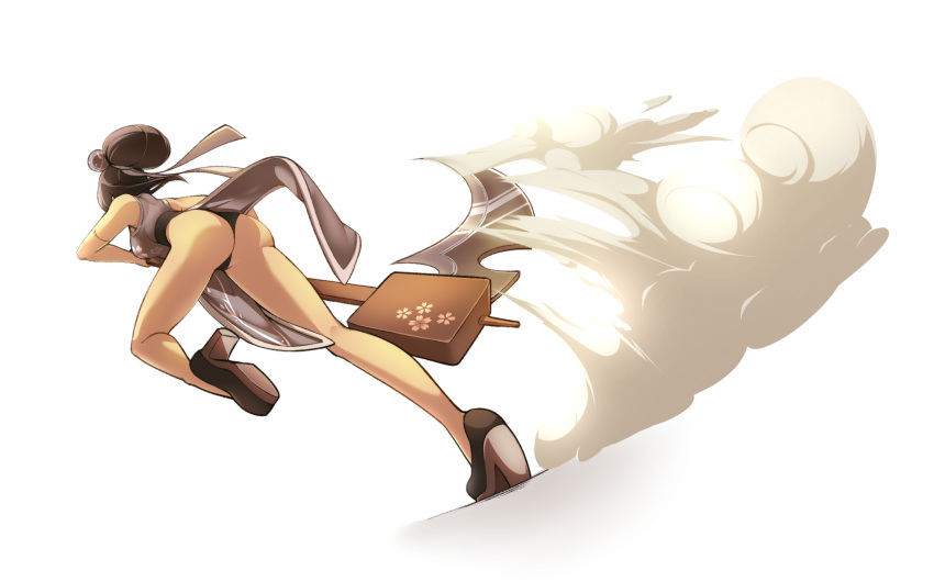 1girl ass black_hair breasts facing_away fizintine from_behind from_below full_body hair_bun high_heels highres holding holding_scythe holding_weapon large_breasts original scythe shikoke_(fizintine) short_hair smoke solo stitches tan weapon