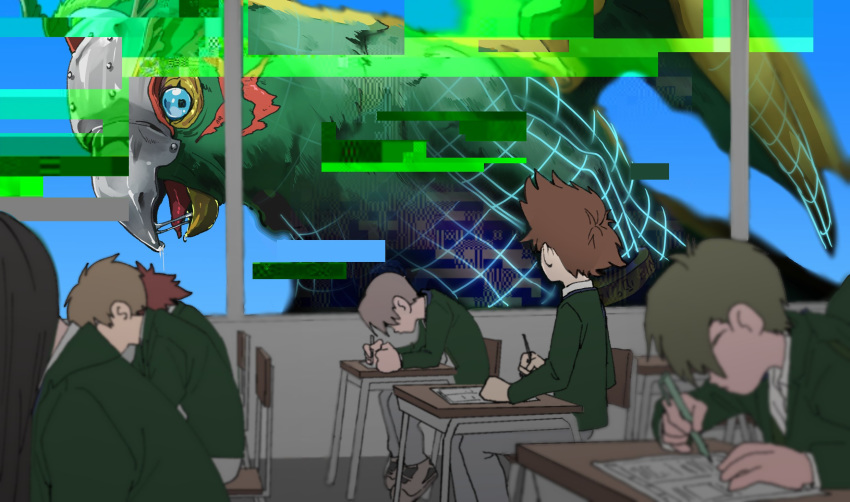 brown_hair classroom desk digimon digimon_adventure green_jacket grey_pants hidden_face highres holding holding_pencil jacket looking_at_another looking_out_window multiple_boys pants parrotmon pencil saliva school_uniform sitting tantanmen tongue window writing yagami_taichi