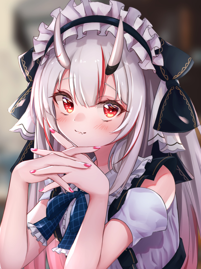 absurdres alternate_costume blush fingernails hair_between_eyes hands_together higashigure highres hololive long_hair looking_at_viewer nakiri_ayame oni_horns portrait red_eyes silver_hair virtual_youtuber