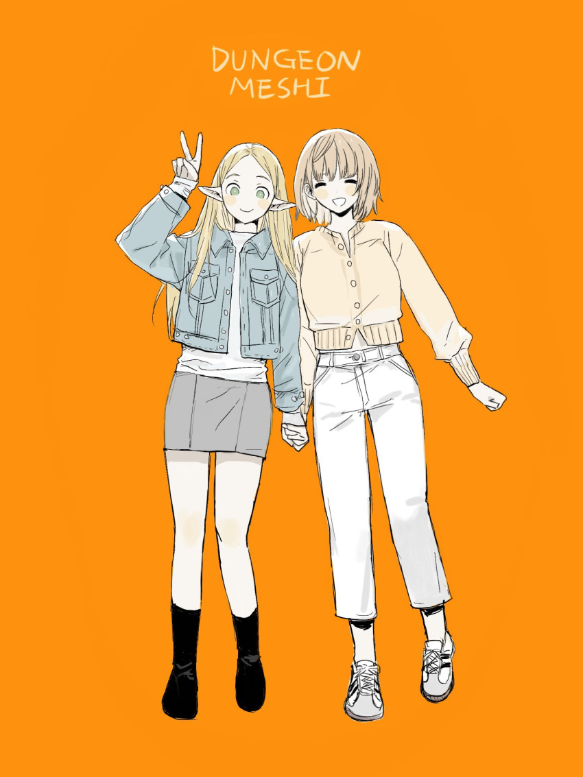 2girls black_footwear blonde_hair capri_pants cardigan denim denim_jacket dungeon_meshi elf english_text falin_thorden frs2 full_body green_eyes highres holding_hands long_hair marcille multiple_girls pants pointy_ears shoes skirt sneakers v yellow_background