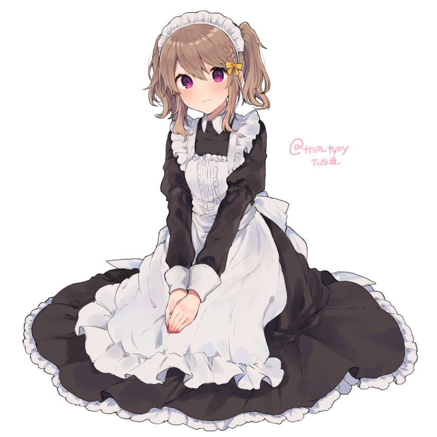 1girl apron black_dress blush bow braid brown_hair closed_mouth commentary dress fingernails full_body hair_bow highres ikeuchi_tanuma juliet_sleeves long_sleeves looking_at_viewer maid_apron maid_headdress original puffy_sleeves red_nails short_hair simple_background sitting solo twintails twitter_username violet_eyes white_apron white_background yellow_bow