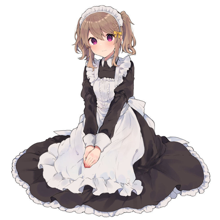 1girl apron bangs black_dress blush bow braid brown_hair closed_mouth collared_dress dress fingernails frilled_apron frilled_dress frills full_body hair_between_eyes hair_bow hands_on_lap highres ikeuchi_tanuma juliet_sleeves long_sleeves looking_at_viewer maid_apron maid_headdress original puffy_sleeves red_nails shiny shiny_hair short_hair sidelocks simple_background sitting solo twintails twitter_username violet_eyes white_apron white_background yellow_bow