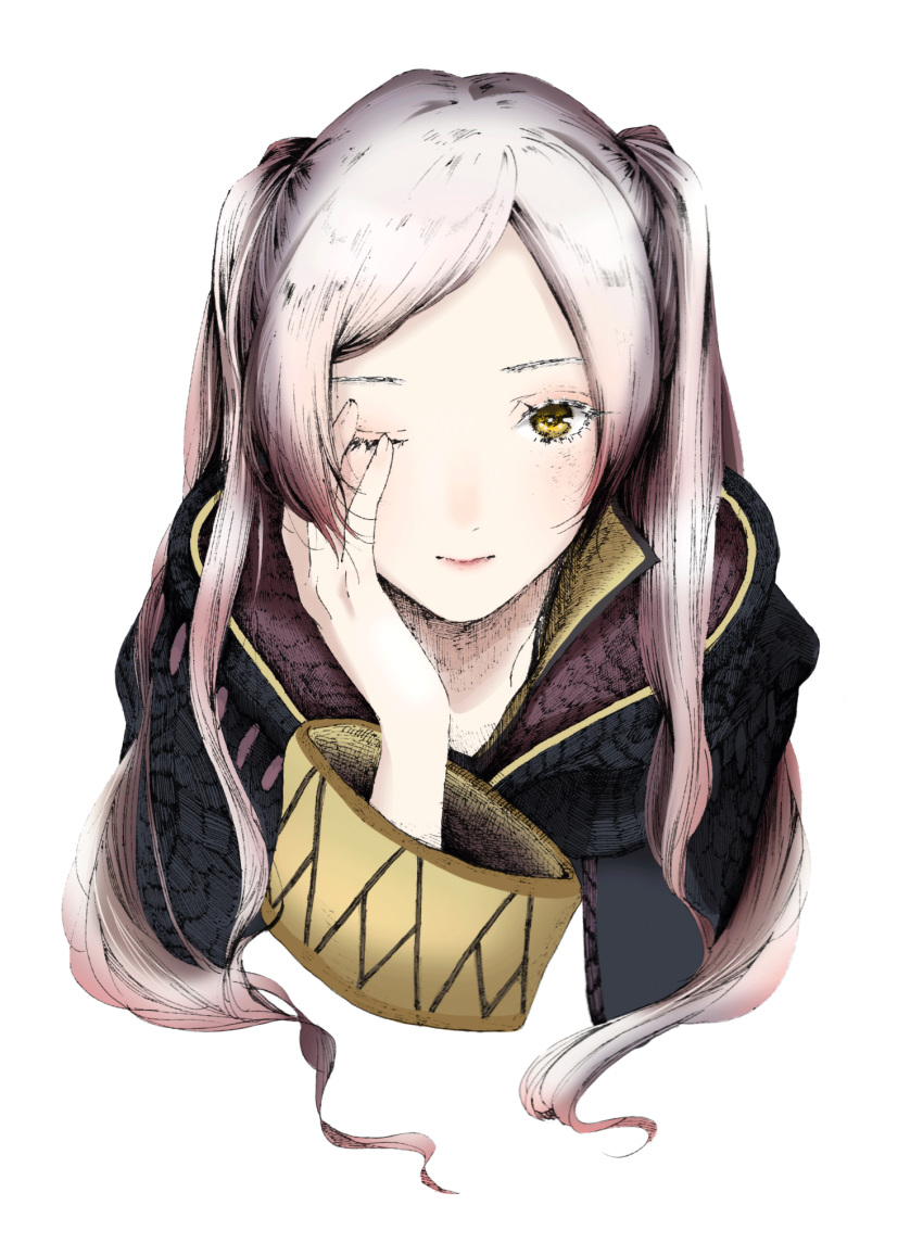 1girl ;) bangs cropped_torso fire_emblem fire_emblem_awakening freckles highres long_hair long_sleeves looking_at_viewer one_eye_closed parted_bangs robin_(fire_emblem) robin_(fire_emblem)_(female) roroichi silver_hair simple_background smile solo twintails very_long_hair white_background yellow_eyes