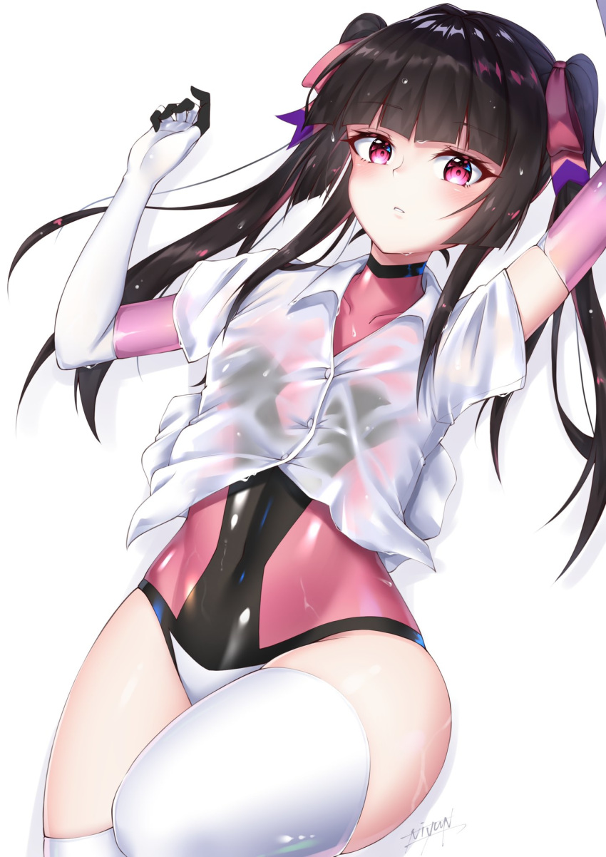 1girl bangs black_hair blunt_bangs blush elbow_gloves gloves highres leotard leotard_under_clothes long_hair looking_at_viewer niyu_n_iyun pink_eyes pink_leotard senki_zesshou_symphogear shiny shiny_clothes shiny_hair shiny_skin shirt simple_background solo thigh-highs tsukuyomi_shirabe twintails wet wet_clothes wet_shirt white_background white_legwear white_shirt