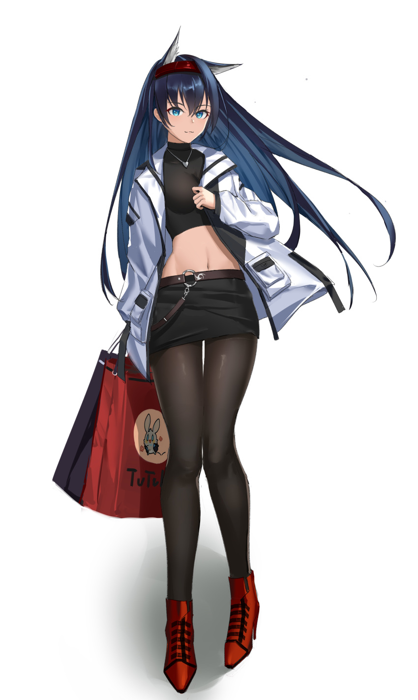 1girl absurdres animal_ears arknights bag bangs black_legwear black_shirt black_skirt blaze_(arknights) blue_eyes blue_hair cat_ears commentary crop_top da_faguan full_body hair_between_eyes hairband high_heels highres jacket jewelry long_hair long_sleeves looking_at_viewer midriff miniskirt navel open_clothes open_jacket pantyhose pencil_skirt pendant red_footwear red_hairband shirt shopping_bag simple_background skirt solo standing stomach thighs white_background white_jacket