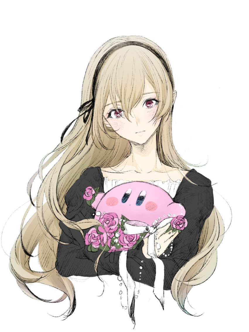 1girl ballpoint_pen_(medium) bangs black_hairband black_ribbon black_shirt blonde_hair carrying closed_mouth collarbone corrin_(fire_emblem) corrin_(fire_emblem)_(female) cropped_torso crossed_arms fire_emblem fire_emblem_fates floating_hair flower hair_between_eyes hair_ribbon hairband head_tilt highres kirby long_hair long_sleeves looking_at_viewer pink_flower pink_rose pointy_ears red_eyes ribbon roroichi rose shirt simple_background sketch solo super_smash_bros. traditional_media upper_body very_long_hair white_background white_ribbon