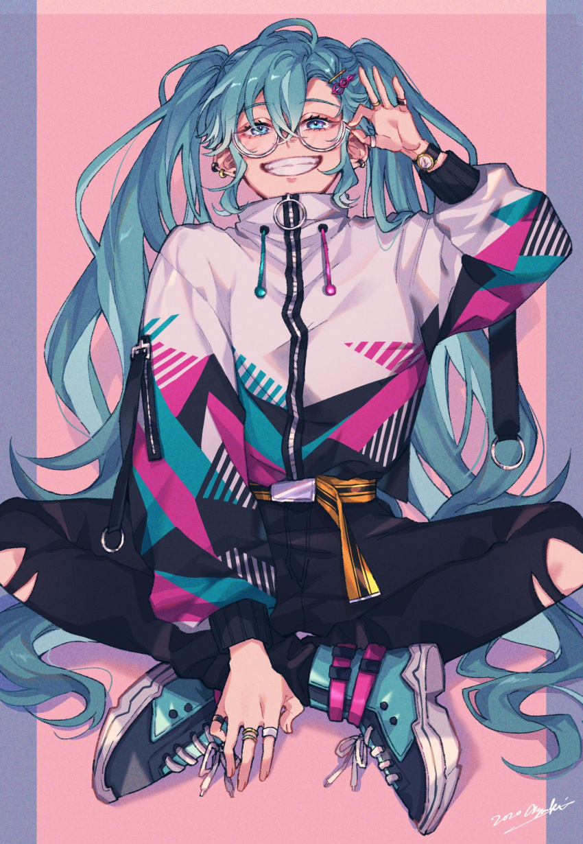 1girl aqua_eyes aqua_hair belt black_pants cross-laced_footwear crossed_ankles drawstring earrings full_body glasses grin hair_between_eyes hair_ornament hairclip hand_up hatsune_miku highres indoors jacket jewelry long_hair long_sleeves miyatsuki_azuki multiple_earrings multiple_rings o-ring ok_sign pants piercing pillarboxed print_jacket red_background semi-rimless_eyewear shoes sidelocks silver-framed_eyewear simple_background smile sneakers solo striped thumb_ring torn_clothes torn_pants twintails under-rim_eyewear very_long_hair vocaloid watch watch