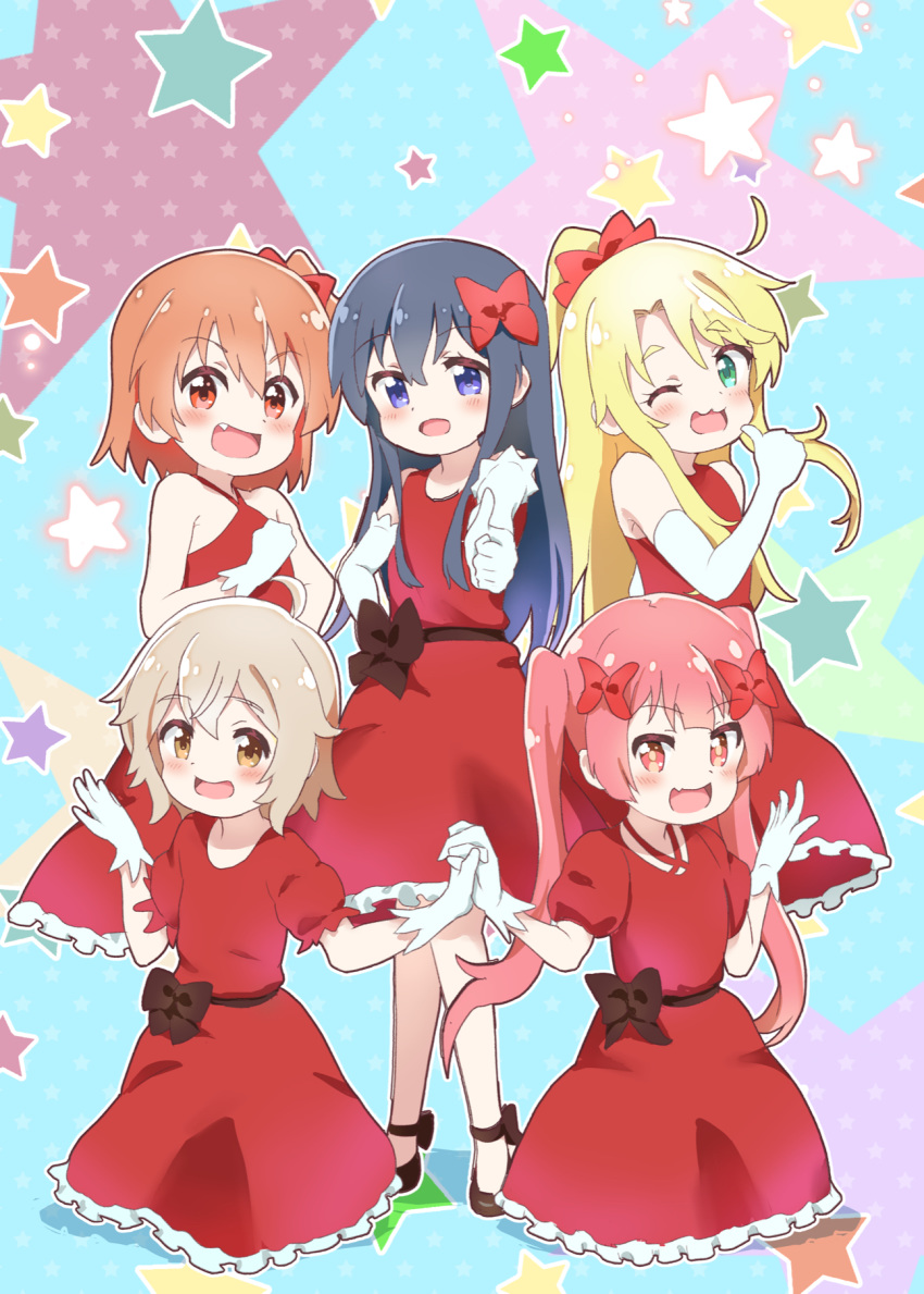 5girls :d ;d aayh bangs black_bow black_hair blonde_hair blue_background blue_eyes blush bow brown_eyes brown_hair commentary_request dress elbow_gloves eyebrows_visible_through_hair fang gloves green_eyes hair_between_eyes hair_bow happy_happy_friends highres himesaka_noa holding_hands hoshino_hinata interlocked_fingers konomori_kanon long_hair multiple_girls one_eye_closed one_side_up open_mouth ponytail puffy_short_sleeves puffy_sleeves red_bow red_dress red_eyes shirosaki_hana short_sleeves sleeveless sleeveless_dress smile starry_background tanemura_koyori thumbs_up twintails very_long_hair watashi_ni_tenshi_ga_maiorita! white_gloves