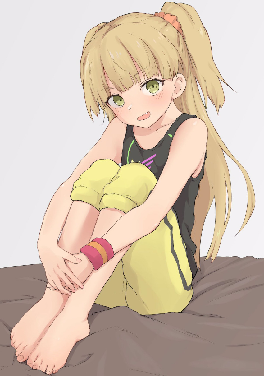 1girl bangs barefoot black_tank_top blonde_hair blush eyebrows_visible_through_hair fang green_eyes grey_background hair_ornament hair_scrunchie highres idolmaster idolmaster_cinderella_girls jougasaki_rika leg_hug long_hair open_mouth pants scrunchie simple_background sitting solo sportswear sweatband tank_top two_side_up yakihebi