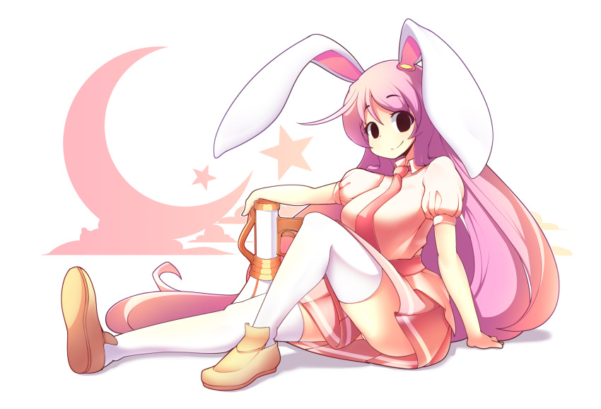 1girl absurdres animal_ears ass black_eyes blush brown_footwear bunny_girl closed_mouth collared_shirt crescent_moon eyebrows_visible_through_hair fizintine highres long_hair looking_at_viewer moon necktie panties pantyshot puffy_short_sleeves puffy_sleeves purple_hair rabbit_ears red_neckwear red_skirt reisen_udongein_inaba shirt short_sleeves sitting skirt smile solo star_(symbol) thigh-highs touhou underwear very_long_hair white_legwear white_panties white_shirt