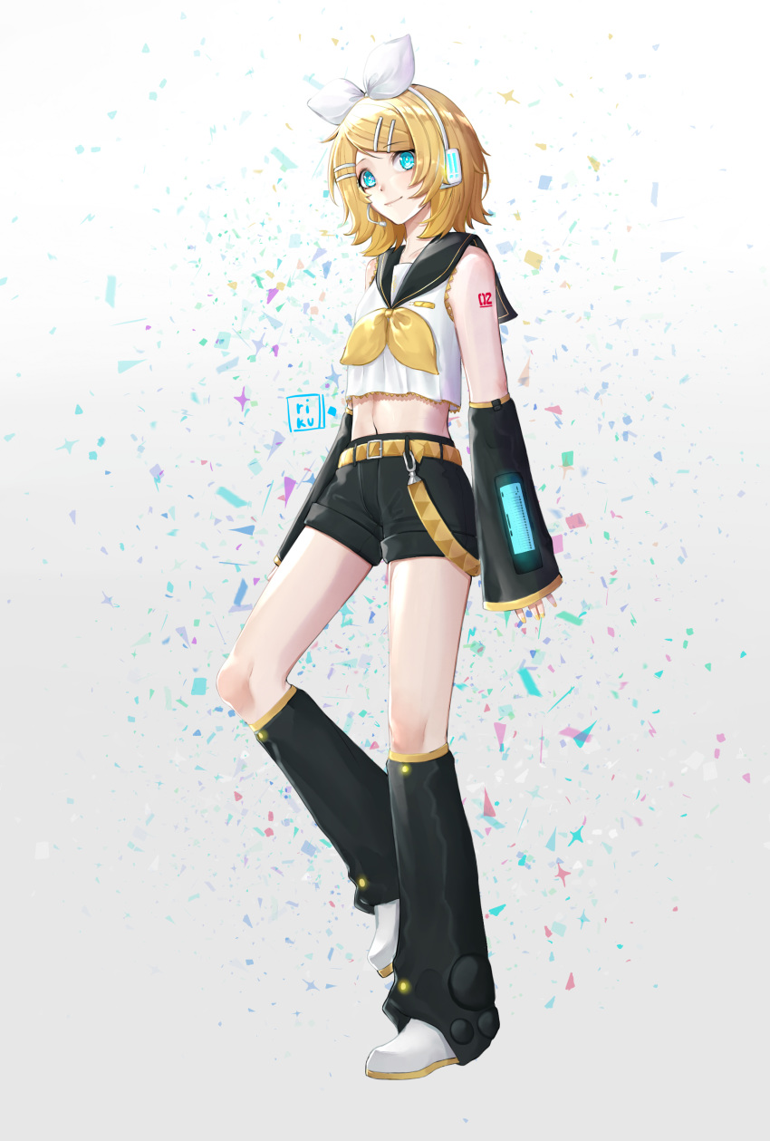 1girl absurdres bangs belt_buckle black_legwear black_sailor_collar black_shorts black_sleeves blonde_hair blue_eyes bow buckle closed_mouth collared_shirt crop_top detached_sleeves gradient gradient_background grey_background hair_bow hair_ornament hairband hairclip headphones headset highres kagamine_rin leg_warmers long_hair long_sleeves microphone midriff navel riku_taru sailor_collar sailor_shirt shiny shiny_hair shirt short_shorts shorts sleeveless sleeveless_shirt sleeves_past_wrists smile solo standing standing_on_one_leg stomach swept_bangs vocaloid white_background white_bow white_footwear white_hairband white_shirt yellow_belt yellow_neckwear