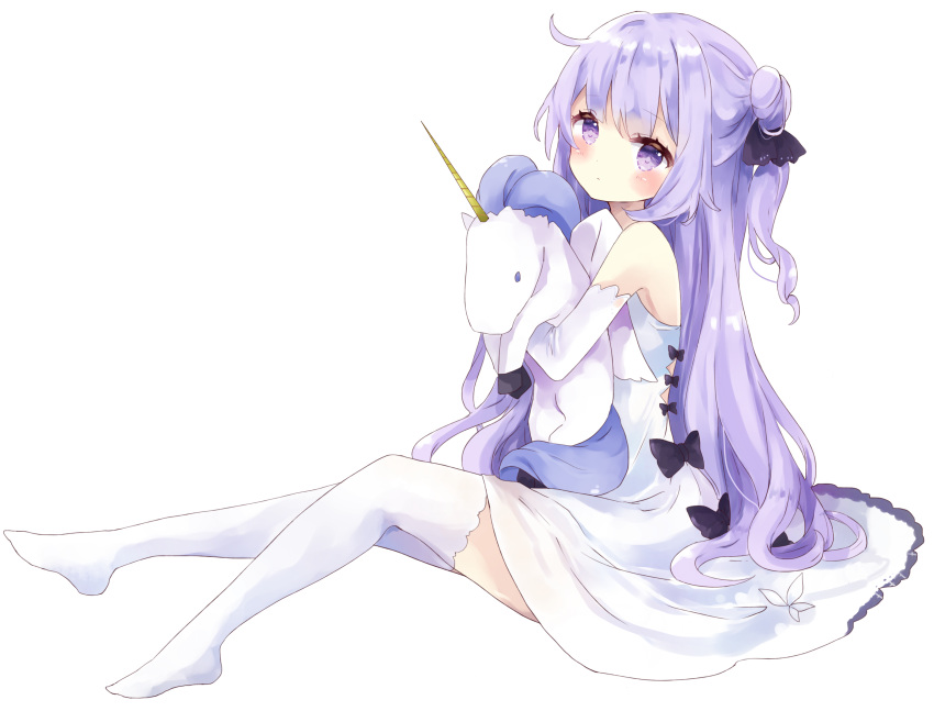 1girl absurdres azur_lane bangs bare_shoulders black_bow black_ribbon blush bow closed_mouth commentary_request dress elbow_gloves eyebrows_visible_through_hair full_body gloves hair_bun hair_ribbon highres looking_at_viewer no_shoes object_hug one_side_up purple_hair ribbon side_bun simple_background sitting sleeveless sleeveless_dress solo stuffed_alicorn stuffed_animal stuffed_toy tsukiyo_(skymint) unicorn_(azur_lane) violet_eyes white_background white_dress white_gloves white_legwear