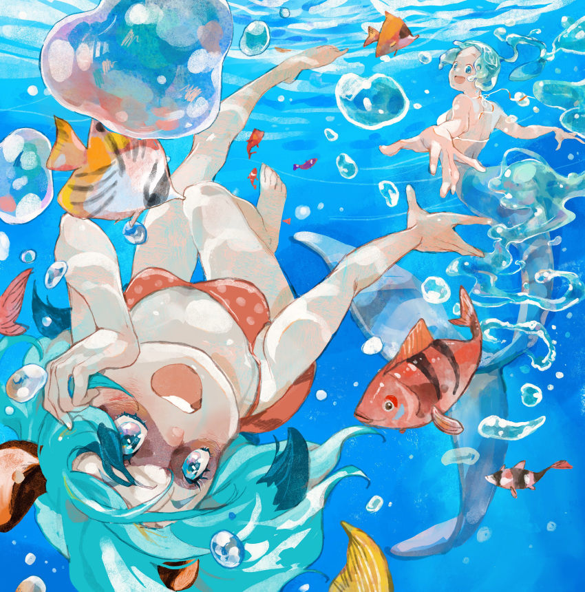 2girls absurdres air_bubble aqua_hair barefoot blue_eyes brand_new_animal bubble day fish hand_up highres huge_filesize kagemori_michiru long_hair mermaid monster_girl multiple_girls nina_flip outdoors red_swimsuit short_hair swimming swimsuit underwater zlj