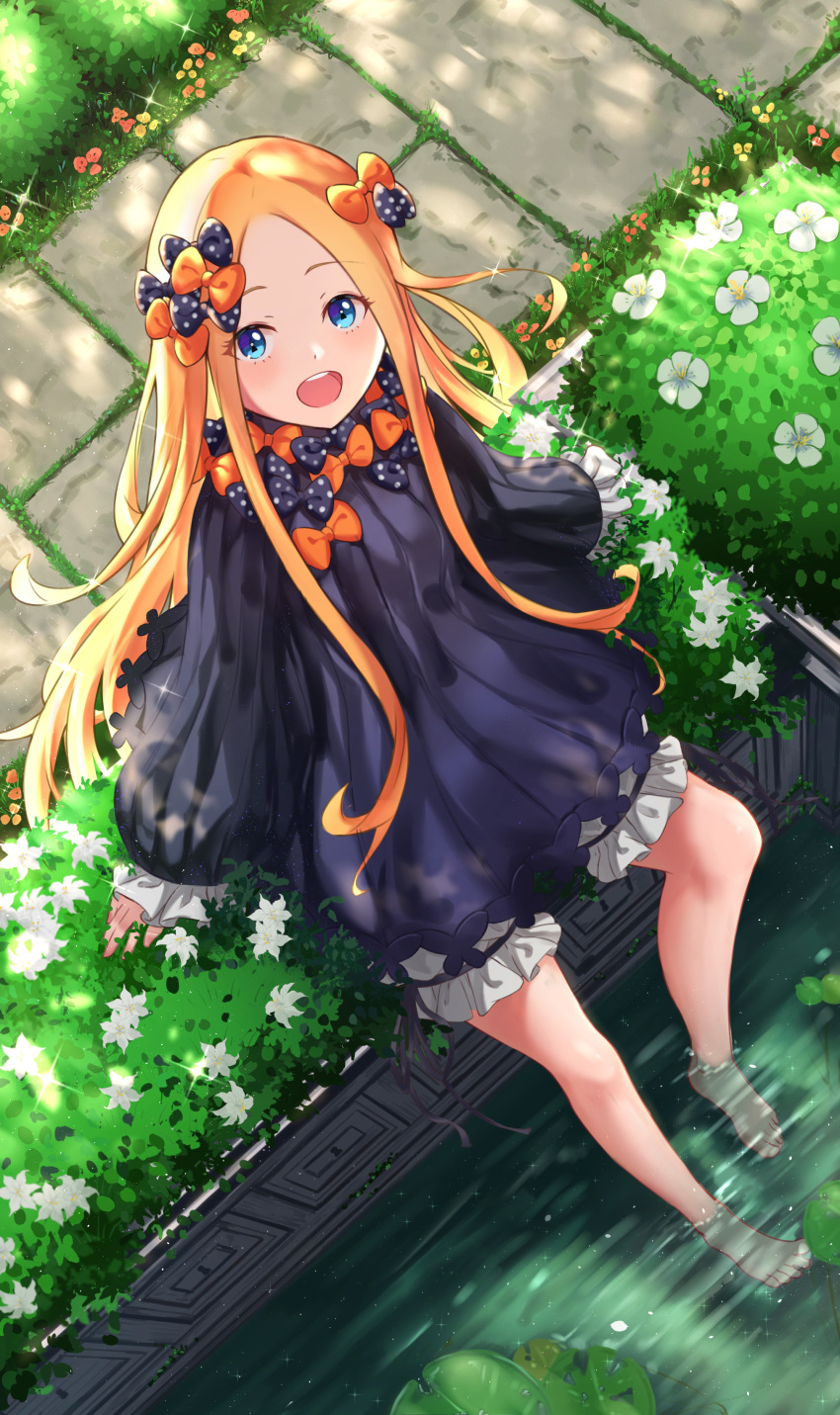 1girl :d abigail_williams_(fate/grand_order) absurdres bangs barefoot black_bow black_dress blonde_hair bloomers blue_eyes blush bow bug butterfly commentary_request day dress eyebrows_visible_through_hair fate/grand_order fate_(series) flower forehead from_above full_body hair_bow highres insect long_hair long_sleeves looking_at_viewer looking_up no_hat no_headwear open_mouth orange_bow outdoors parted_bangs polka_dot polka_dot_bow sitting sleeves_past_fingers sleeves_past_wrists smile soaking_feet solo underwear upper_teeth very_long_hair wang_man white_bloomers white_flower