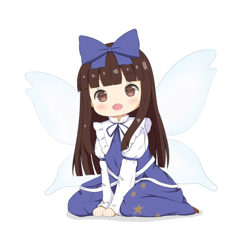 1girl :d bangs blue_dress blunt_bangs blush bow brown_eyes brown_hair chibi crys_(dai) dress fairy_wings full_body hair_bow highres long_hair open_mouth simple_background sitting smile solo star_(symbol) star_print star_sapphire touhou very_long_hair wariza white_background wings